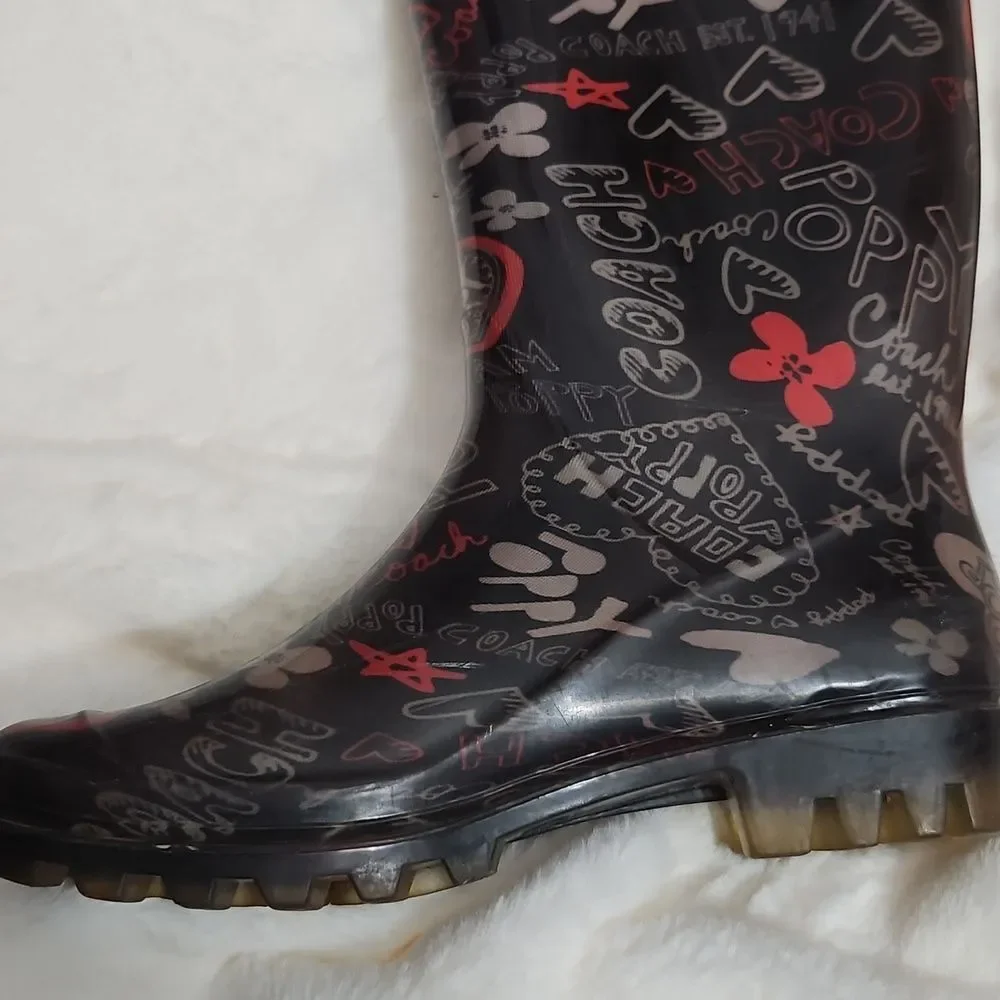 Coach Poppy Graffiti Rain Boots – Size 6 – Black/Red Logo Print